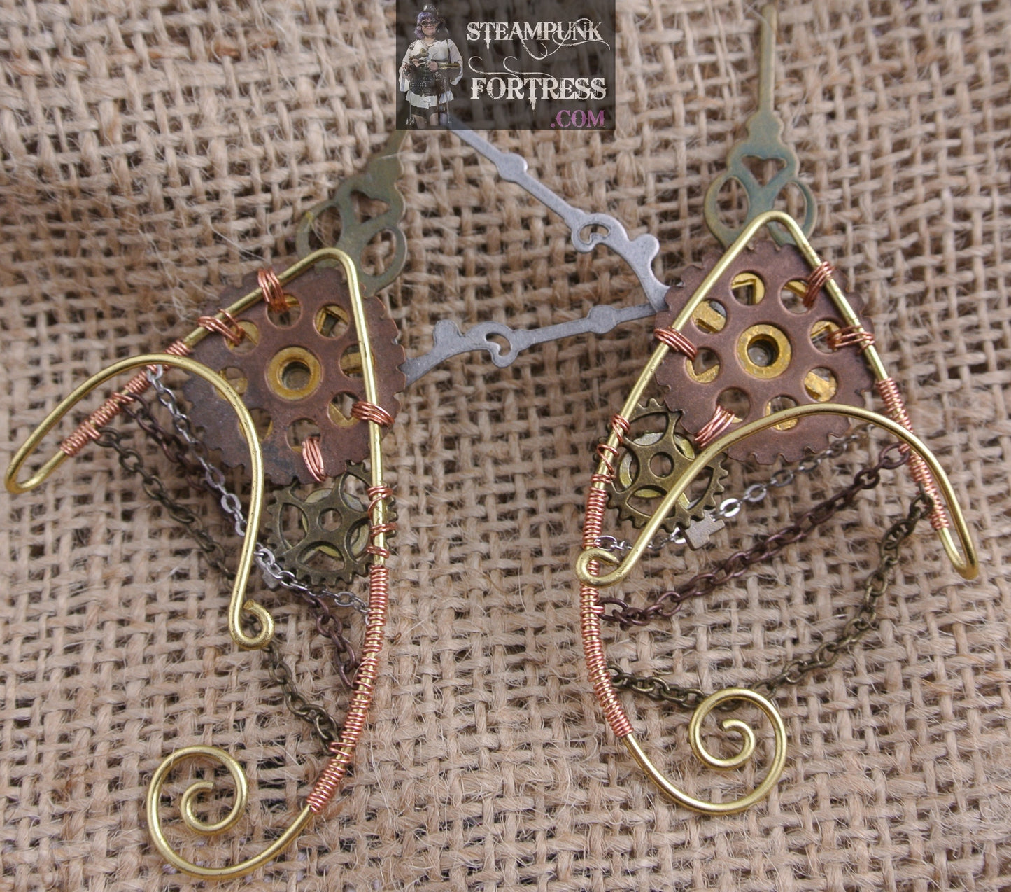 STEAMPUNK EAR CUFF HANGER BRASS GOLD BASE COPPER GEARS KEY CHAINS CUFF NON PIERCED NON PINCH NON PAIN NON PIERCING CLOCK WATCH HANDS
