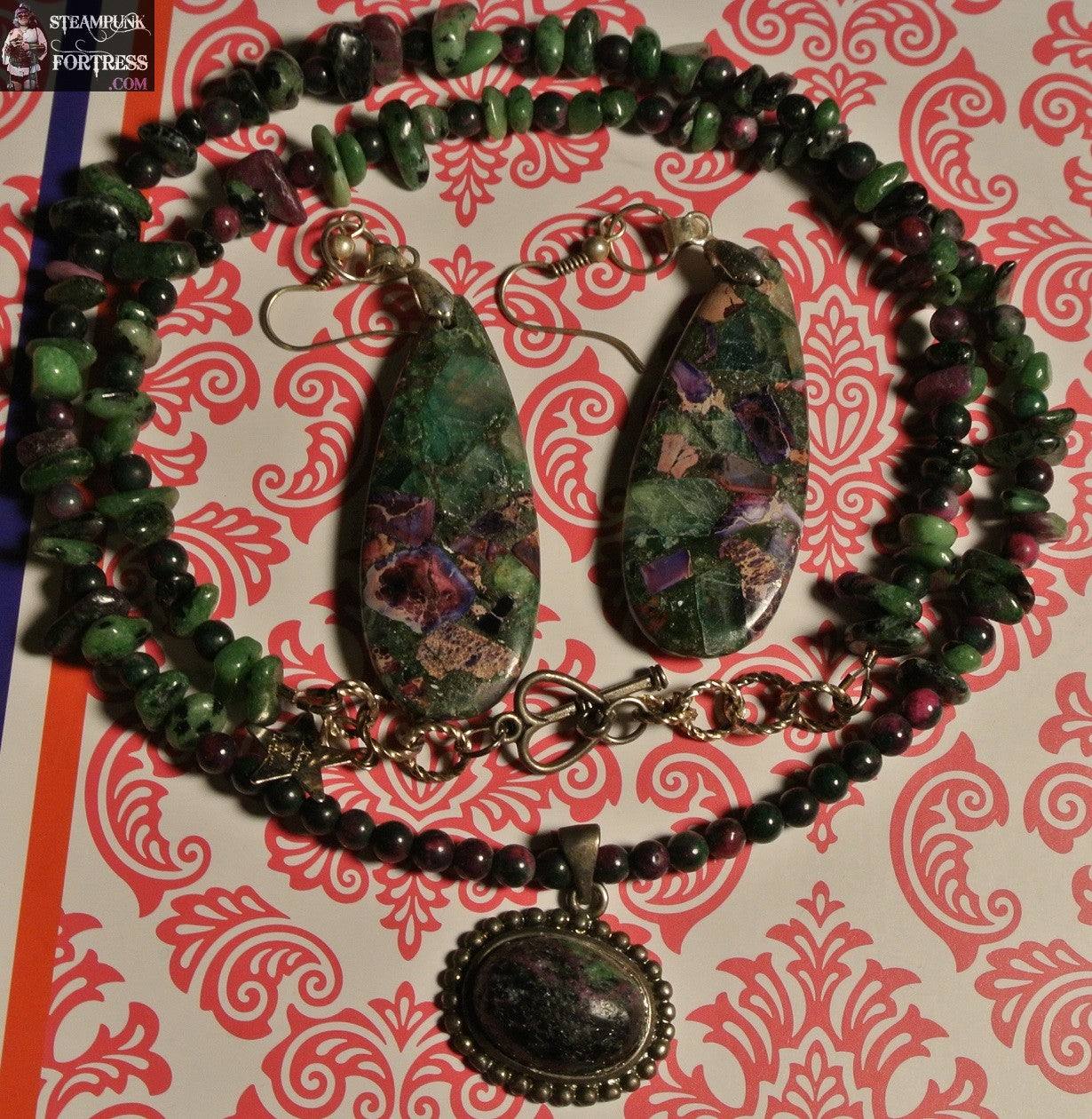 NECKLACE EARRINGS SET GEMSTONES FLUORITE FOCAL CHIPS SILVER TEARDROP PIERCED EARRINGS