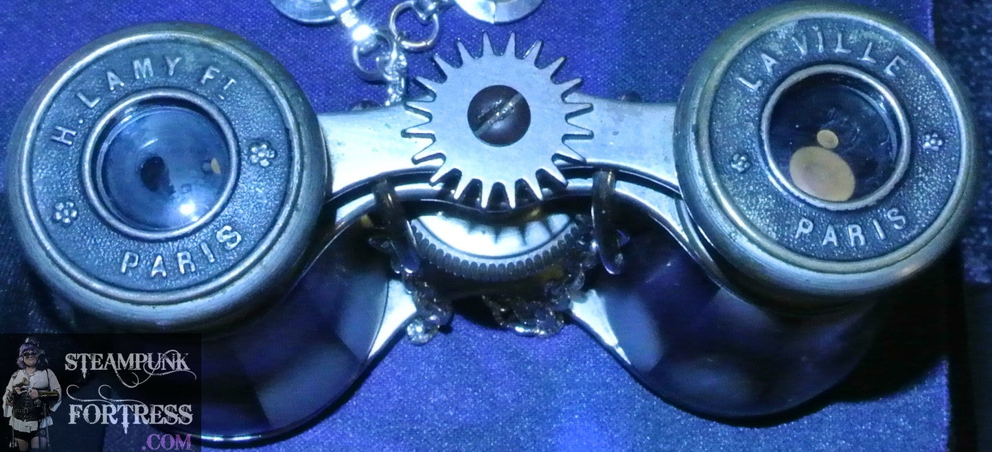 *RARE* VINTAGE H LAMY PARIS PURPLE MOTHER OF PEARL MOP ABALONE BINOCULARS OPERA GLASSES SILVER GEAR HAMMERED CHAIN CLASP STARR WILDE STEAMPUNK FORTRESS