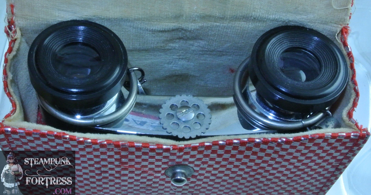 VINTAGE SELSI RED SMALL BINOCULARS OPERA GLASSES STRAWBERRY LIKE FABRIC SILVER CHAIN CLASP WITH CASE STARR WILDE STEAMPUNK FORTRESS