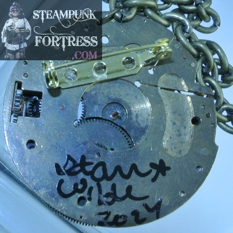 PIN BROOCH BRASS GENUINE AUTHENTIC WATCH CLOCK POCKETWATCH MOVEMENT COMPLETE NECKLACE MULTI USE VERSATILE STARR WILDE STEAMPUNK FORTRESS