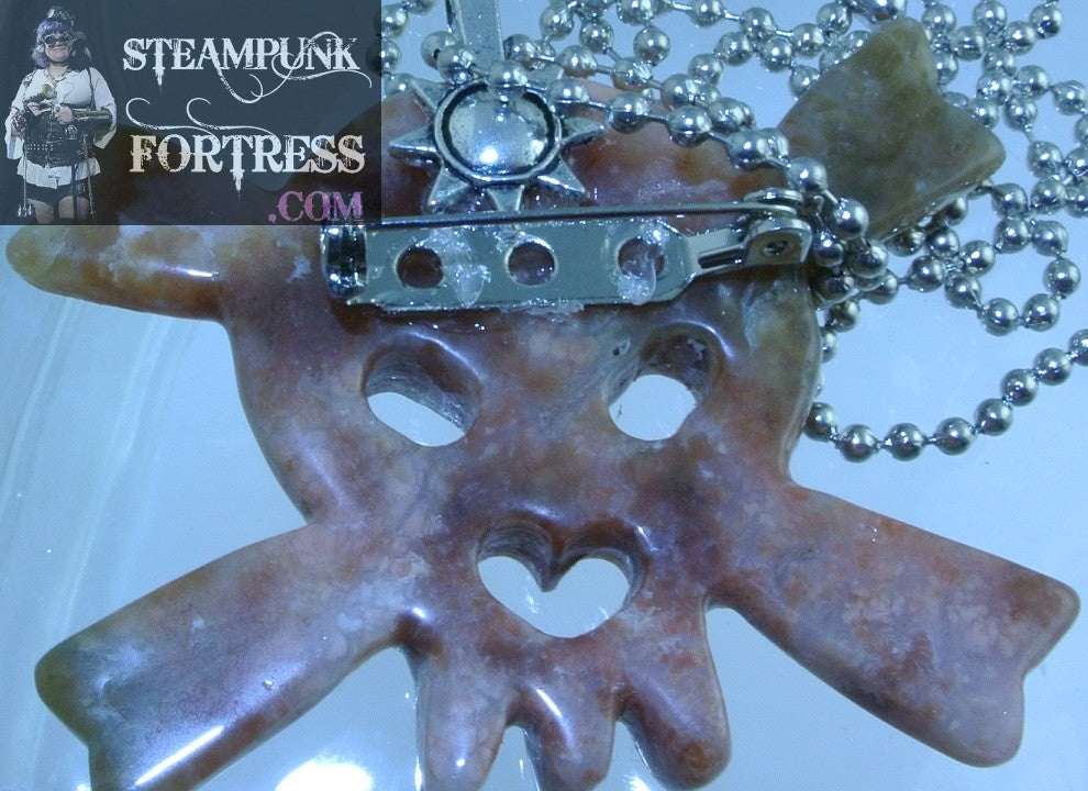 SILVER JASPER GEMSTONE XL SKULL CROSSBONES PIN BROOCH NECKLACE PIRATE STARR WILDE STEAMPUNK FORTRESS