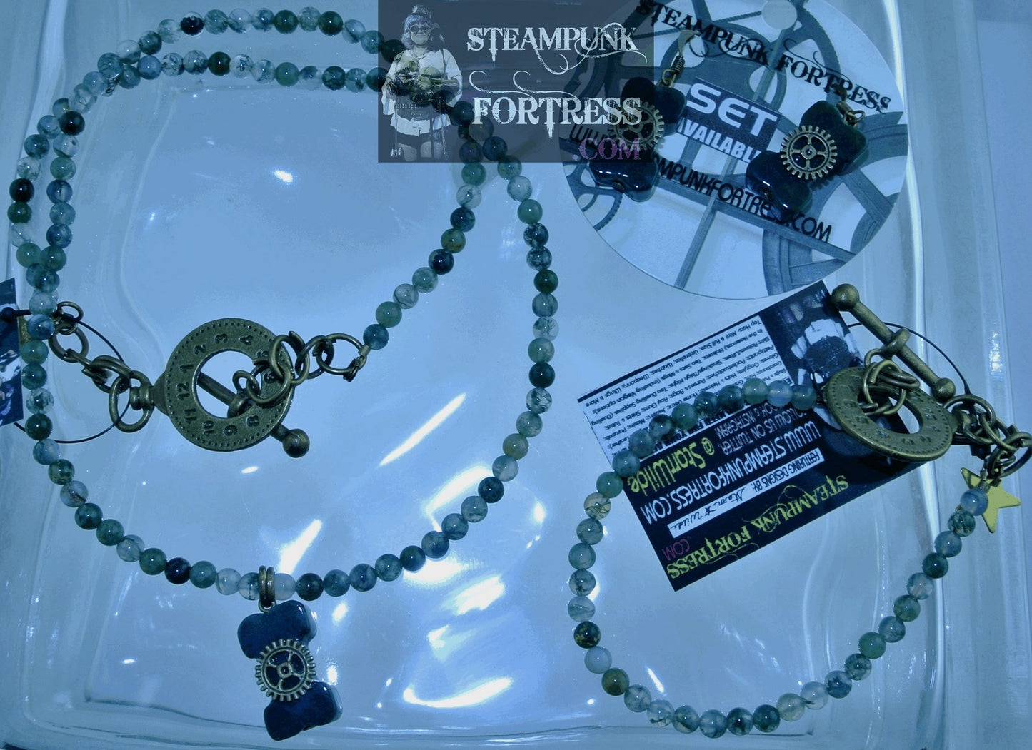 BRASS AGATE MOSS GEMSTONES STONES ROUNDS BRACELET SET AVAILABLE STARR WILDE STEAMPUNK FORTRESS