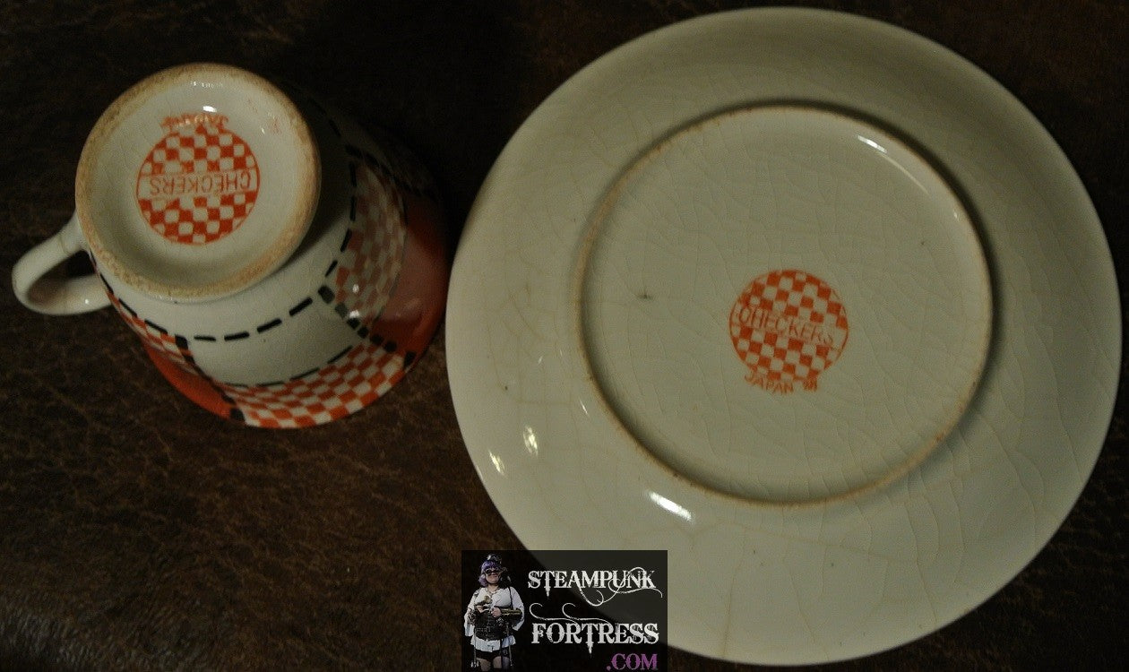 TEA CUP SAUCER SET DEMITASSE VINTAGE WHITE RED PLAID 1950S ERA FROM CHECKERS