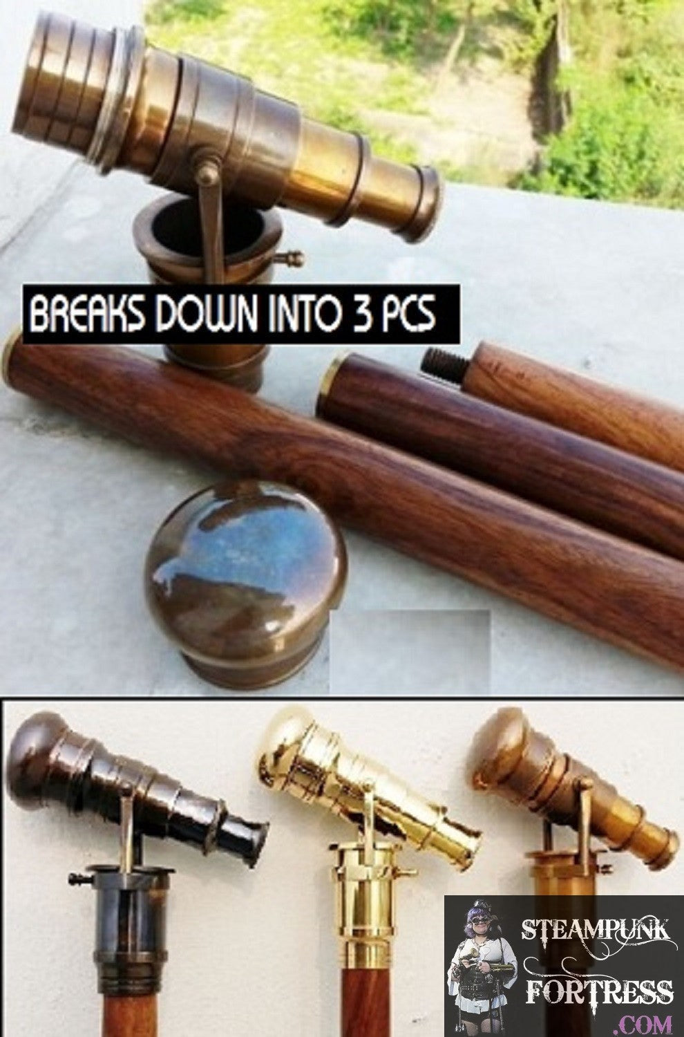 TELESCOPE CANE MAGNIFIER NAUTICAL REPRODUCTION BROWN WOOD GOLD TOP BREAKS DOWN INTO 3 PIECES FOR EASY TRAVEL- MASS PRODUCED DUPLICATE