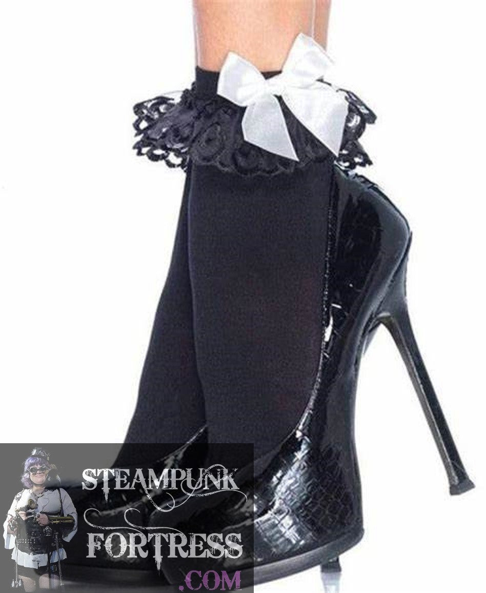 BLACK SHEER ANKLET RUFFLE WHITE SATIN BOW NYLONS HOSIERY STOCKINGS ONE SIZE FITS MOST - NEW - MASS PRODUCED