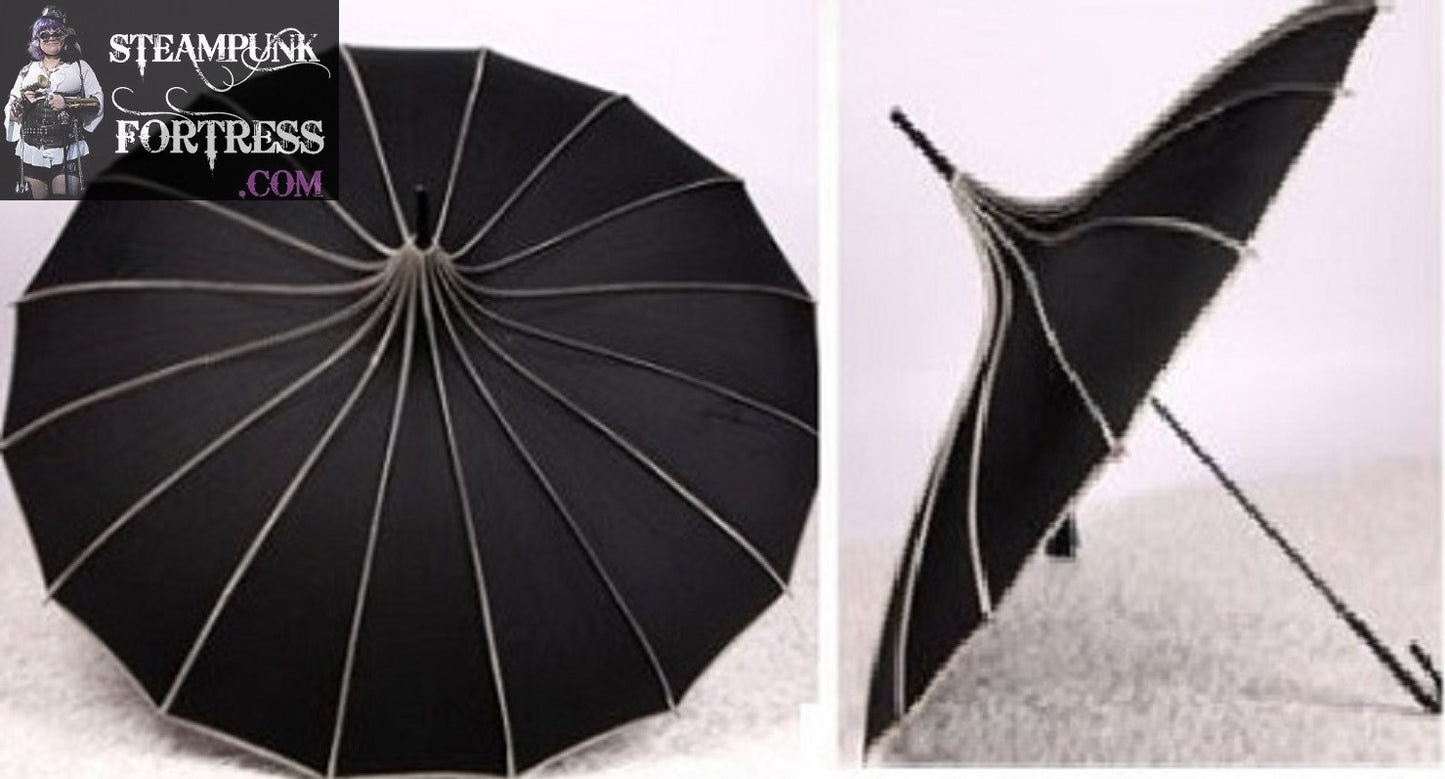 BLACK BASE CREAM POLKA DOTS ON RIBS STEAMPUNK UMBRELLA PARASOL PAGODA VICTORIAN EDWARDIAN GOTHIC WEDDING COSPLAY COSTUME- MASS PRODUCED