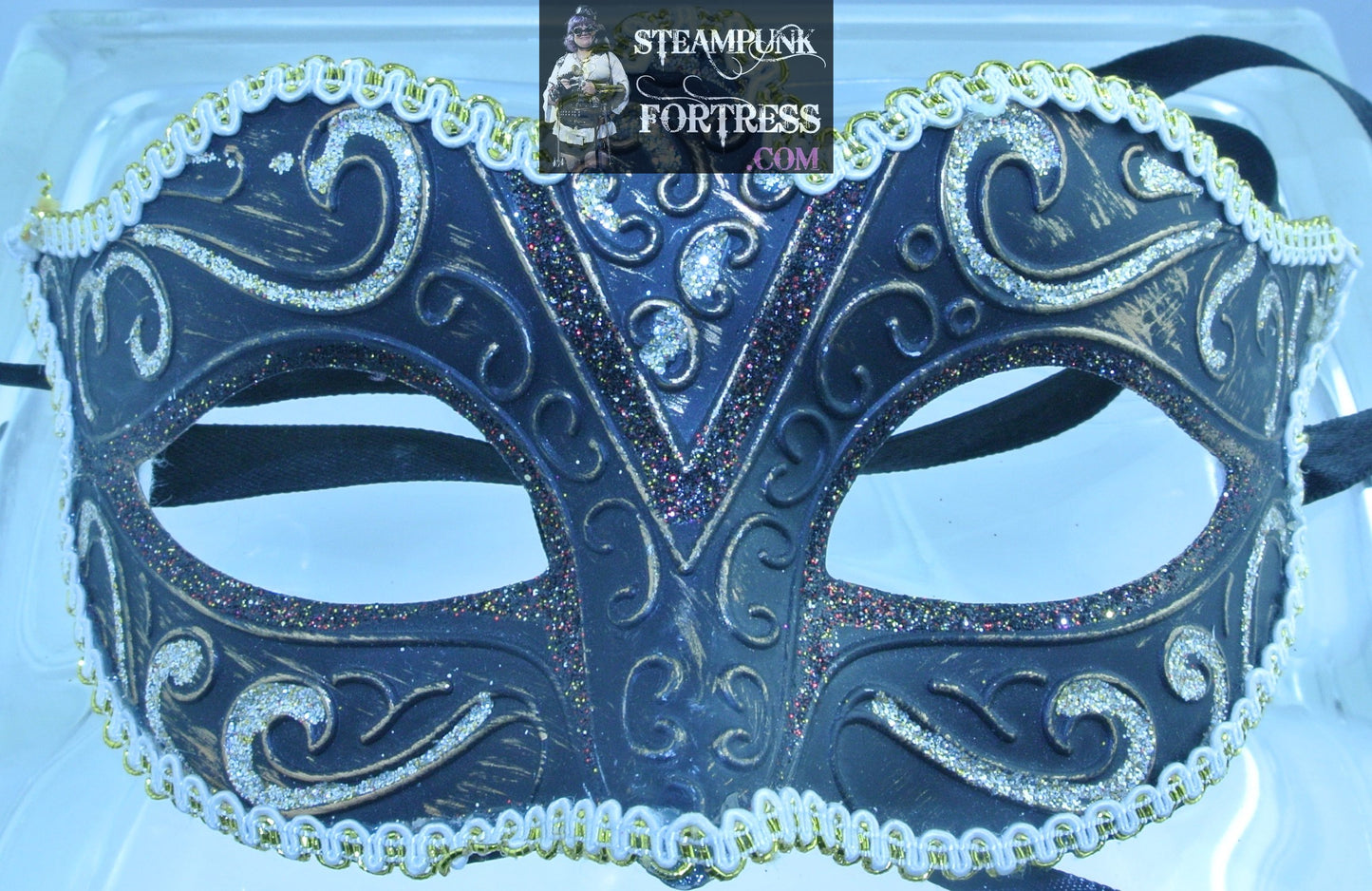 BEAUTIFUL BLACK MASK GOLD PURPLE TRIM SPARKLY MASQUERADE MARDI GRAS VENETIAN CARNIVALE STEAMPUNK EYE MASK COSPLAY COSTUME HALLOWEEN- MASS PRODUCED