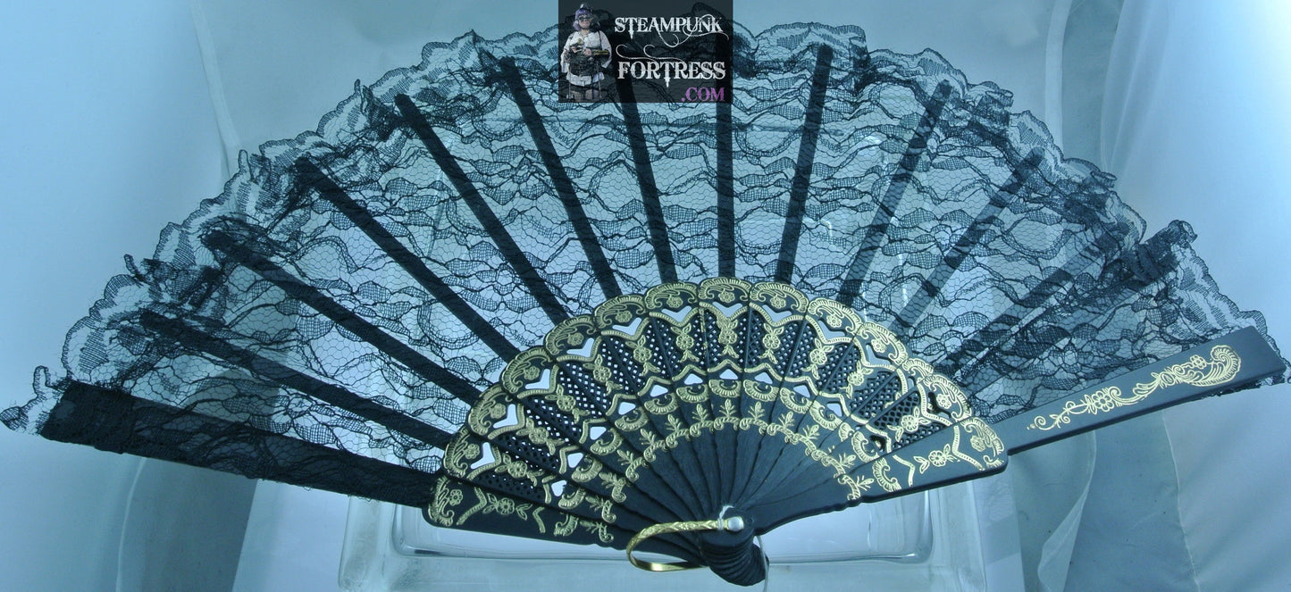 BLACK GOLD LACE 9" FAN PROP HANDHELD HAND HELD VICTORIAN STEAMPUNK MARDI GRAS VENETIAN COSTUME COSPLAY NEW- MASS PRODUCED DUPLICATE