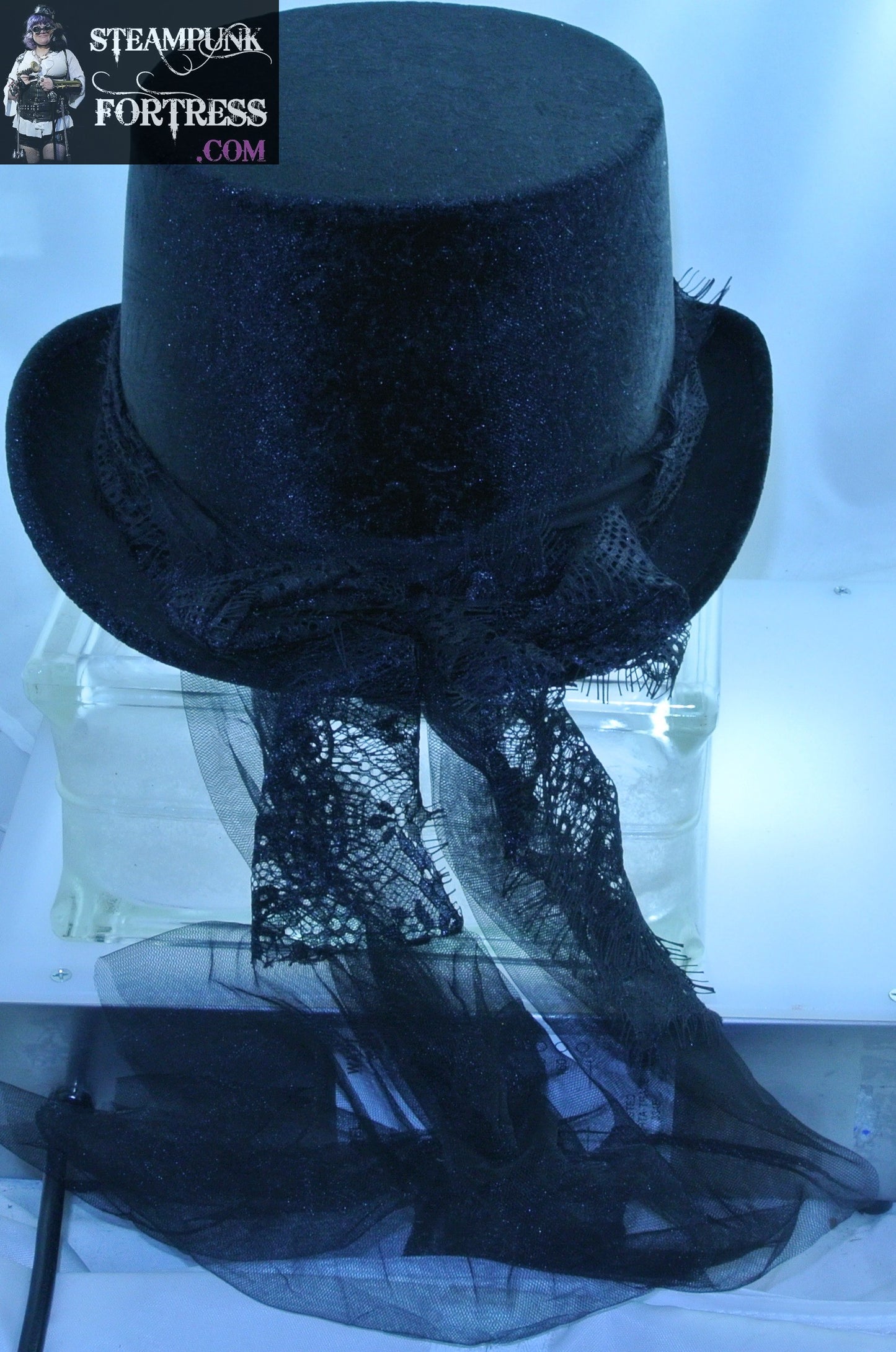 BLACK VELVET EMBOSSED FLORAL FLOWERS BLACK LACE RIBBON BAND EXTRA LARGE XL MINIMALIST FULL SIZE TOP HAT STEAMPUNK HAT STEAMPUNK FORTRESS- MASS PRODUCED