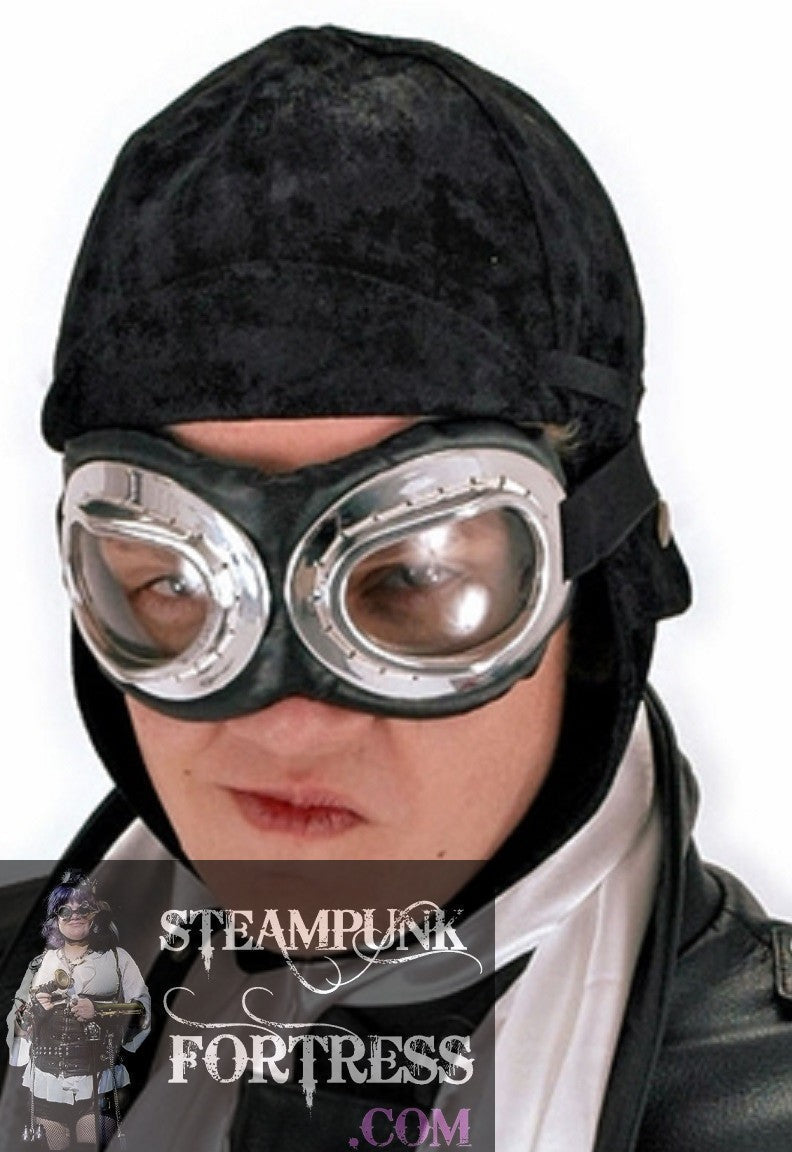 BLACK FAUX SUEDE BRASS STUDS AVIATOR CAP HAT HELMET ADJUSTABLE STRAP COSPLAY COSTUME HALLOWEEN- NEW- MASS PRODUCED