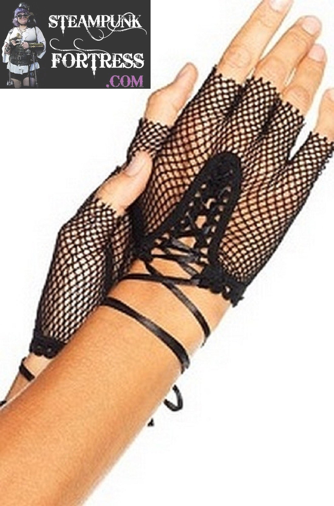 BLACK FINGERLESS FISHNET GLOVES LACE UP TIE WRIST LENGTH 80S COSPLAY C –  Steampunk Fortress
