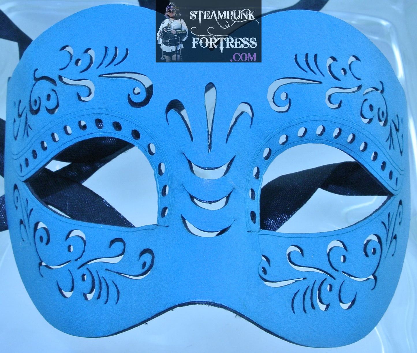 BEAUTIFUL MEDIUM BLUE VELOUR SOFT FABRIC MASQUERADE MARDI GRAS VENETIAN CARNIVALE CUTOUTS CUT OUTS FILIGREE STEAMPUNK EYE MASK COSPLAY COSTUME HALLOWEEN- MASS PRODUCED
