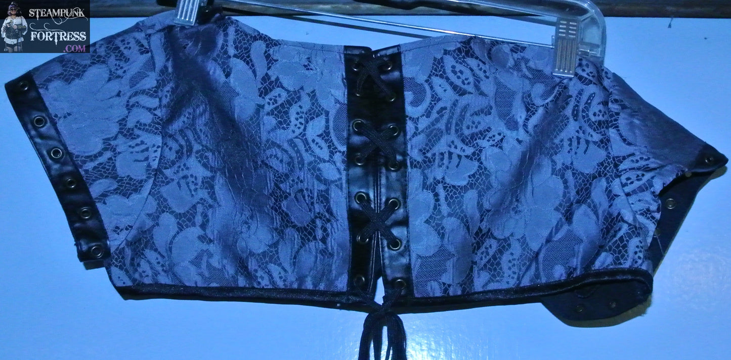 GREY GRAY BLACK BOLERO SHORT JACKET SHRUG LARGE ADJUSTABLE LACE UP BACK BRASS EYELETS STEAMPUNK COSPLAY COSTUME- MASS PRODUCED