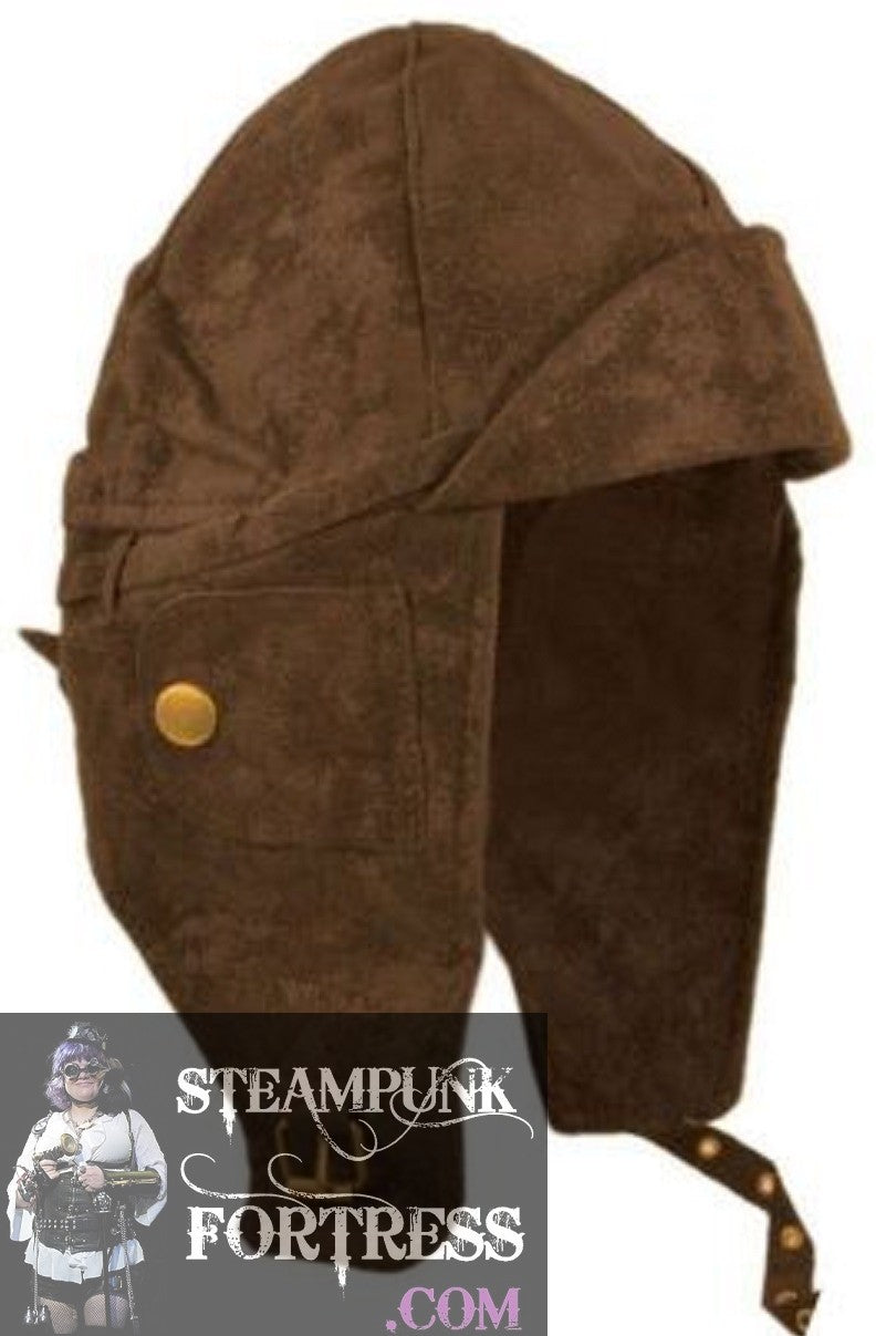 BROWN FAUX SUEDE BRASS STUDS AVIATOR CAP HAT HELMET ADJUSTABLE STRAP COSPLAY COSTUME HALLOWEEN- NEW- MASS PRODUCED