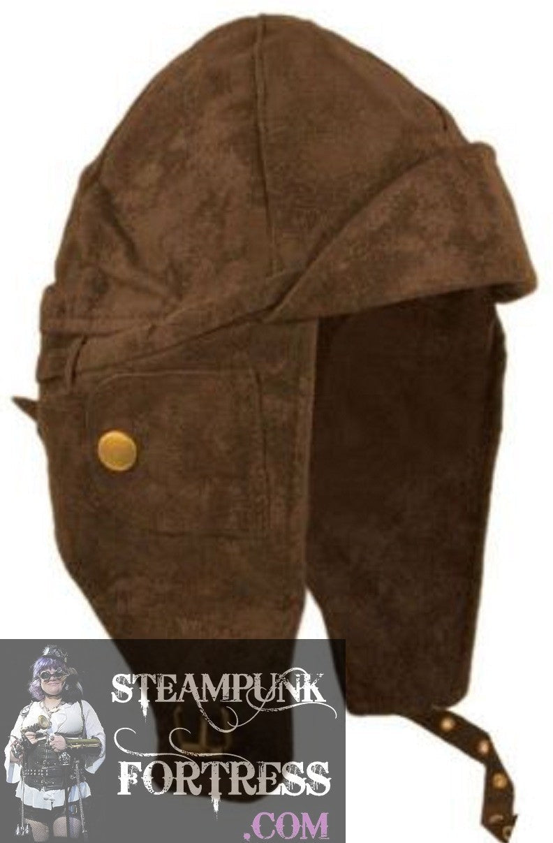 BROWN FAUX SUEDE BRASS STUDS AVIATOR CAP HAT HELMET ADJUSTABLE STRAP COSPLAY COSTUME HALLOWEEN- NEW- MASS PRODUCED