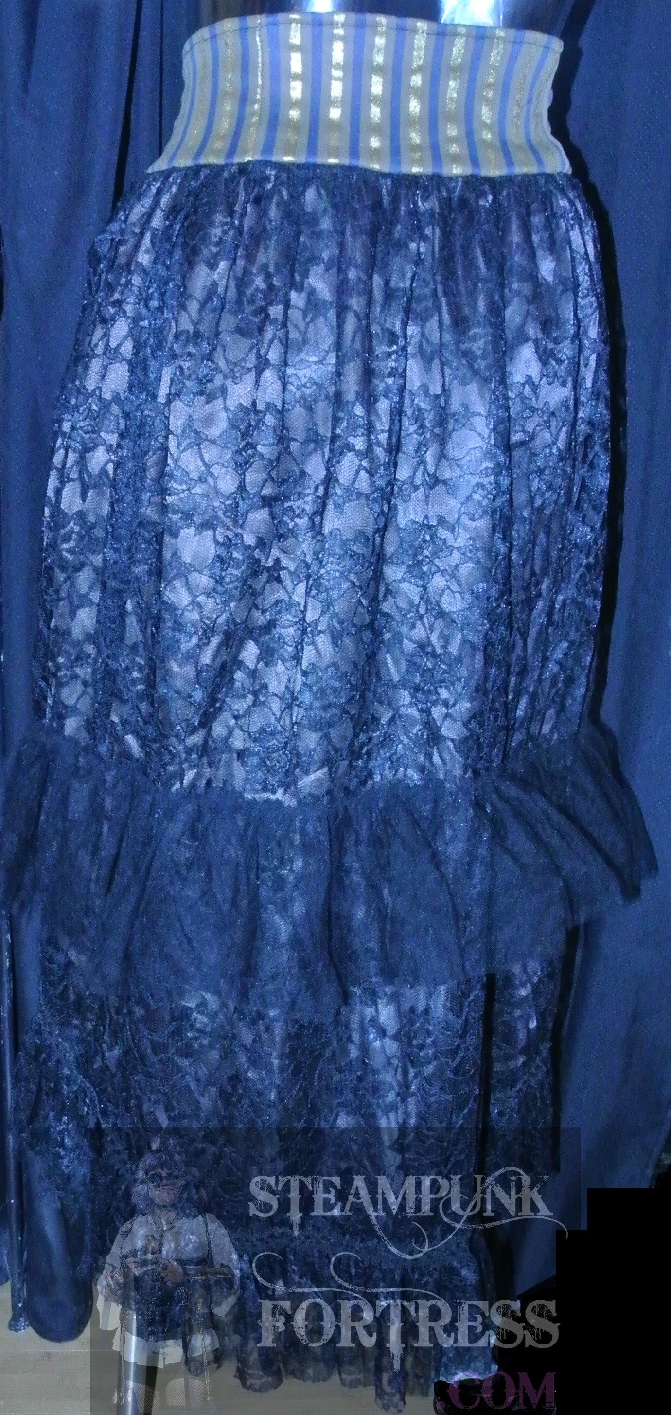 BROWN HIGH LOW HI LO STEAMPUNK SKIRT BLACK LACE BROWN GOLD GEARS FAUX BELT STRIPES STRIPED RUCHED RUFFLES LARGE TO XL EXTRA LARGE **DISCONTINUED** MASS PRODUCED