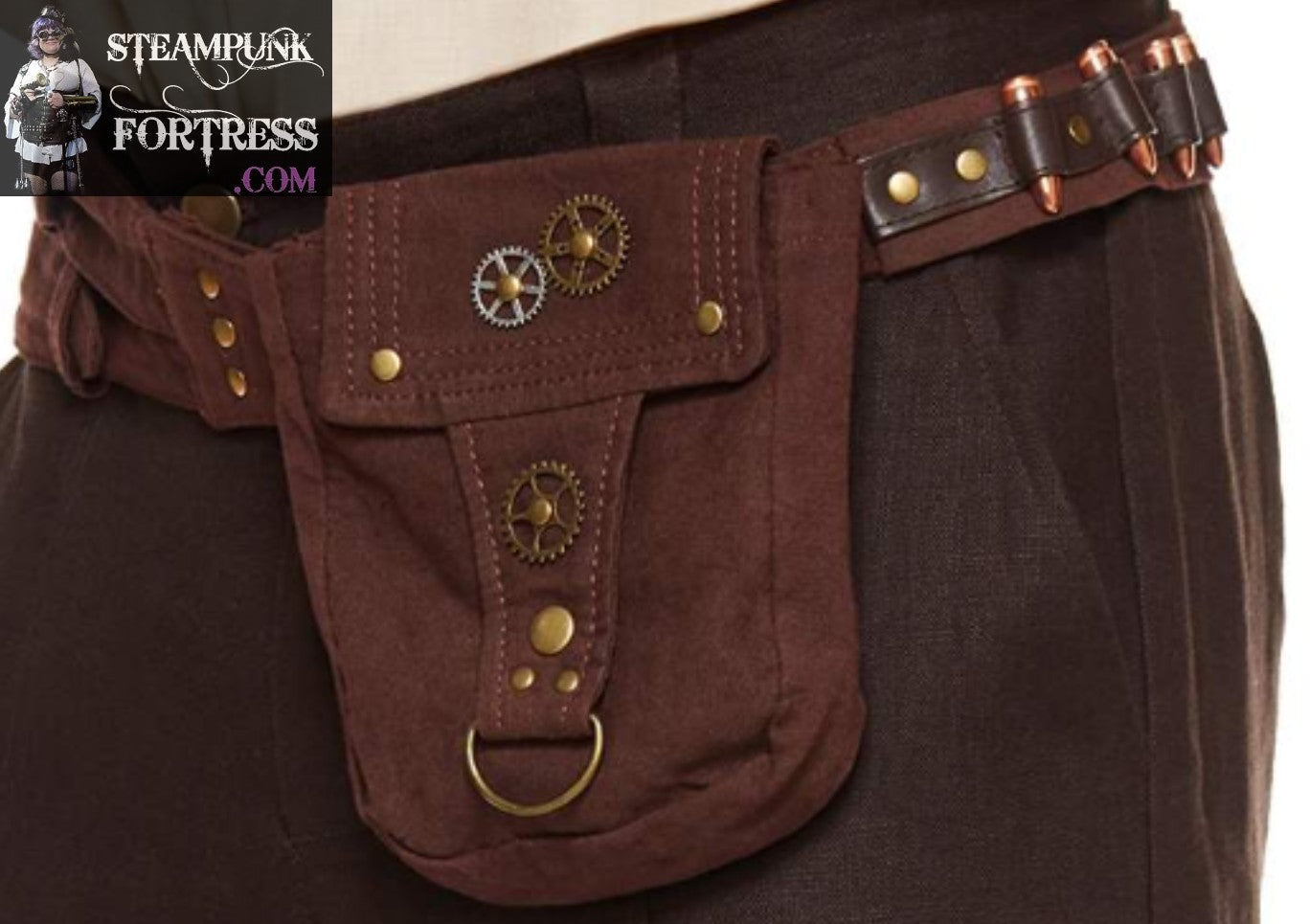 BROWN STEAMPUNK BELT BAG BRASS DOUBLE BUCKLES SPLIT BRASS GEARS BULLETS STEAMPUNK FORTRESS - MASS PRODUCED