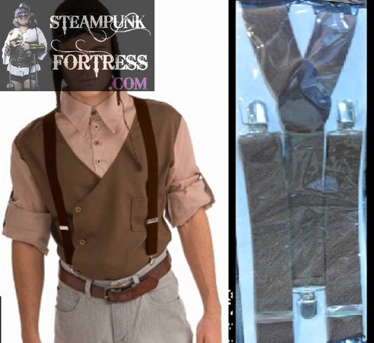 BROWN FABRIC SUSPENDERS ADJUSTABLE COSPLAY COSTUME STEAMPUNK FORTRESS- MASS PRODUCED