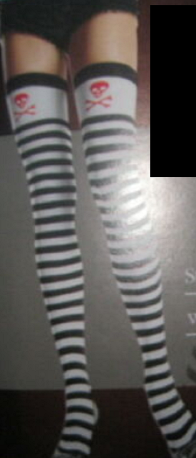 BLACK WHITE STRIPED STRIPES RED SKULL CROSSBONES PIRATE OVER THE KNEE THIGH HIGHS HIS TIGHTS NYLONS HOSIERY STOCKINGS ONE SIZE FITS MOST HALLOWEEN COSPLAY COSTUME - NEW - MASS PRODUCED