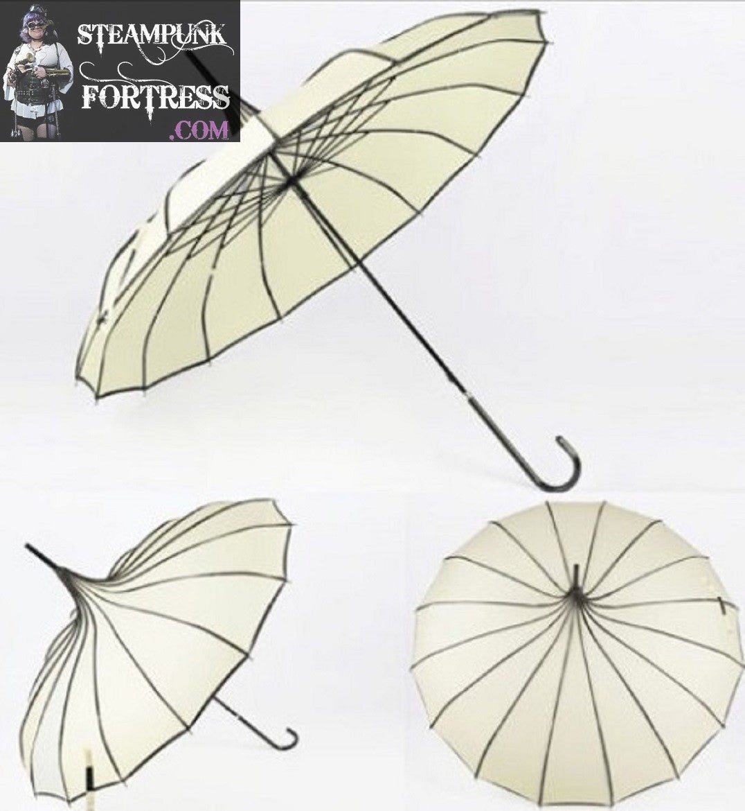 CREAM BASE BLACK POLKA DOTS ON RIBS STEAMPUNK UMBRELLA PARASOL PAGODA VICTORIAN EDWARDIAN GOTHIC WEDDING COSPLAY COSTUME- MASS PRODUCED