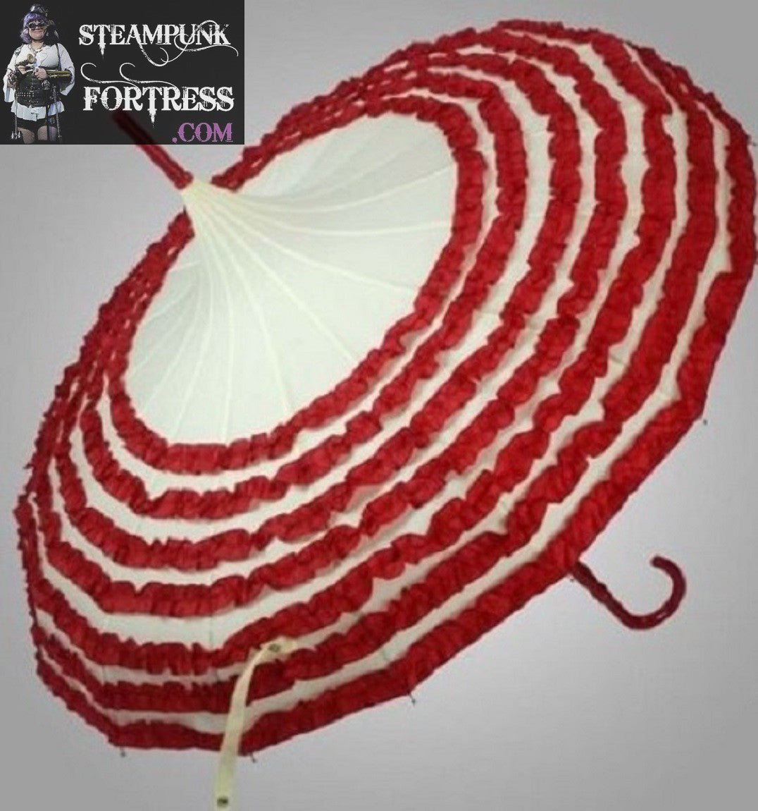 CREAM BASE RED ROWS OF RUFFLES STEAMPUNK UMBRELLA PARASOL PAGODA VICTORIAN EDWARDIAN GOTHIC WEDDING COSPLAY COSTUME- MASS PRODUCED