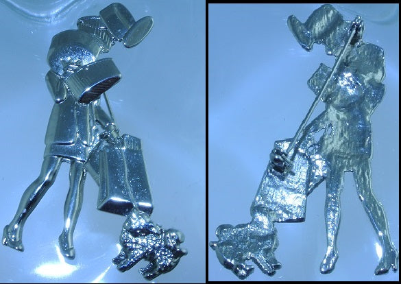 SILVER GIRL SHOPPING HAT BOXES DOG VINTAGE PIN BROOCH MASS PRODUCED