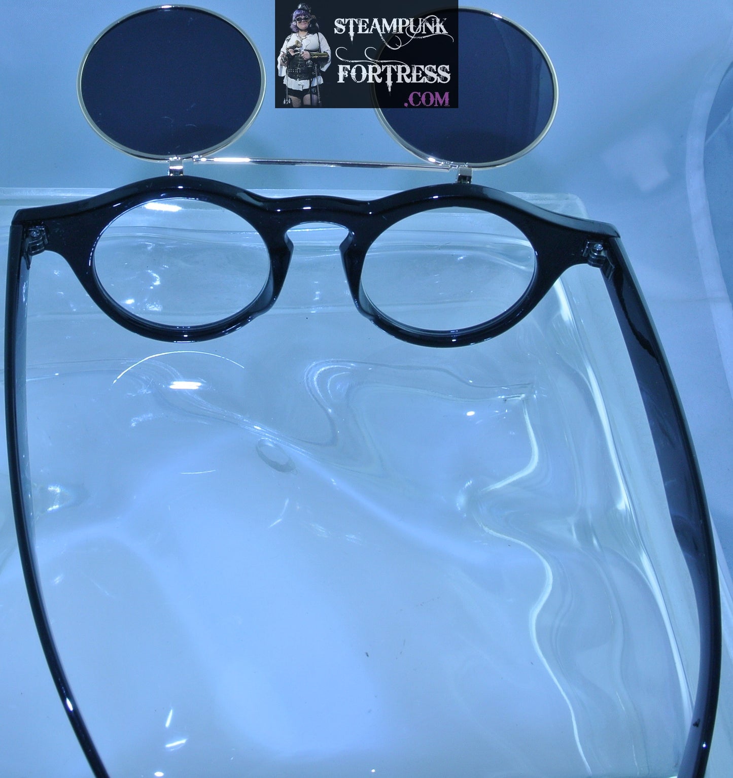 BLACK GLOSS FLIP UP SUNGLASSES GOLD TRIM STEAMPUNK GOGGLES SUNGLASSES COSPLAY COSTUME- MASS PRODUCED