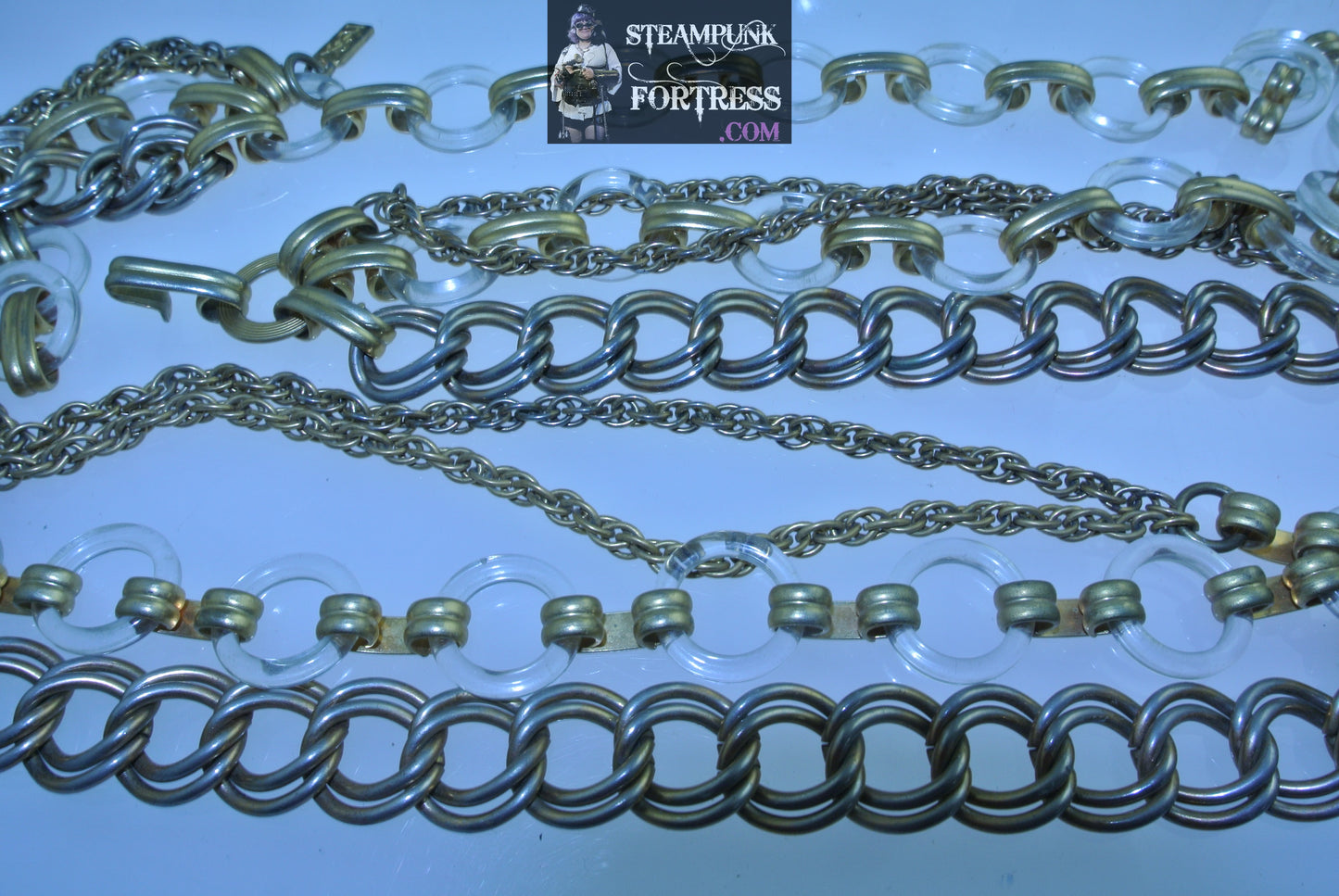 VINTAGE YSL YVES SAINT LAURENT ST BELT CLEAR LUCITE ACRYLIC RINGS GOLD CHAINS SIGNED HANG TAG 1970S ERA - MASS PRODUCED