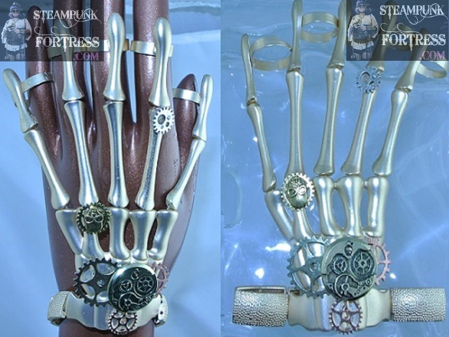 GOLD STRETCH SKELETON BONES GEARS CLOCK WATCH HANDS SKULL METAL BRACELET RINGS ADJUSTABLE STEAMPUNK COSPLAY COSTUME- MASS PRODUCED
