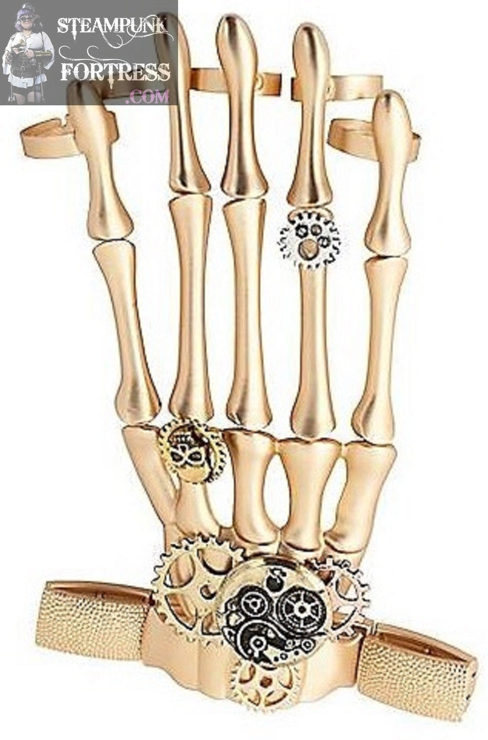 GOLD STRETCH SKELETON BONES GEARS CLOCK WATCH HANDS SKULL METAL BRACELET RINGS ADJUSTABLE STEAMPUNK COSPLAY COSTUME- MASS PRODUCED DUPLICATE