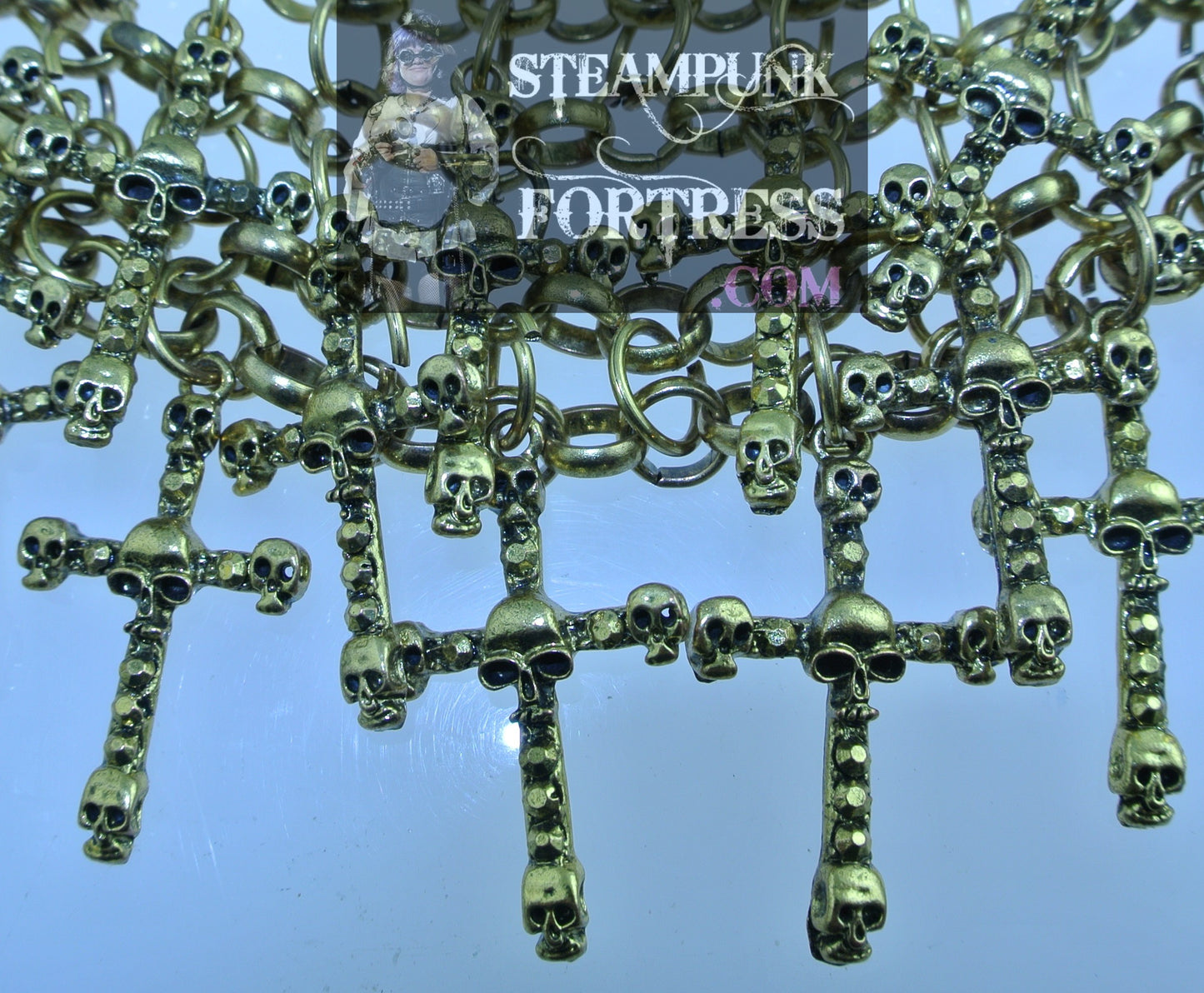 GOLD MULTIPLE CROSSES WITH SKULLS CHOKER NECKLACE DANGLE DROP HALLOWEEN COSPLAY COSTUME STARR WILDE STEAMPUNK FORTRESS