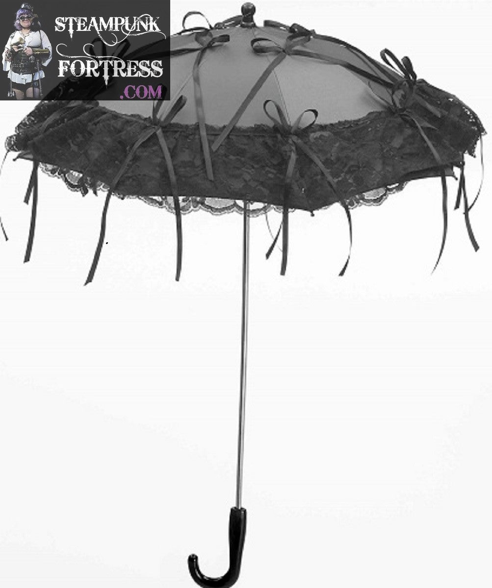 GORGEOUS GOTHIC GREY GRAY SATIN BLACK RUFFLES RIBBONS STEAMPUNK SMALLER UMBRELLA PARASOL BROLLY SUNSHADE VICTORIAN EDWARDIAN GOTHIC WEDDING COSPLAY COSTUME- MASS PRODUCED