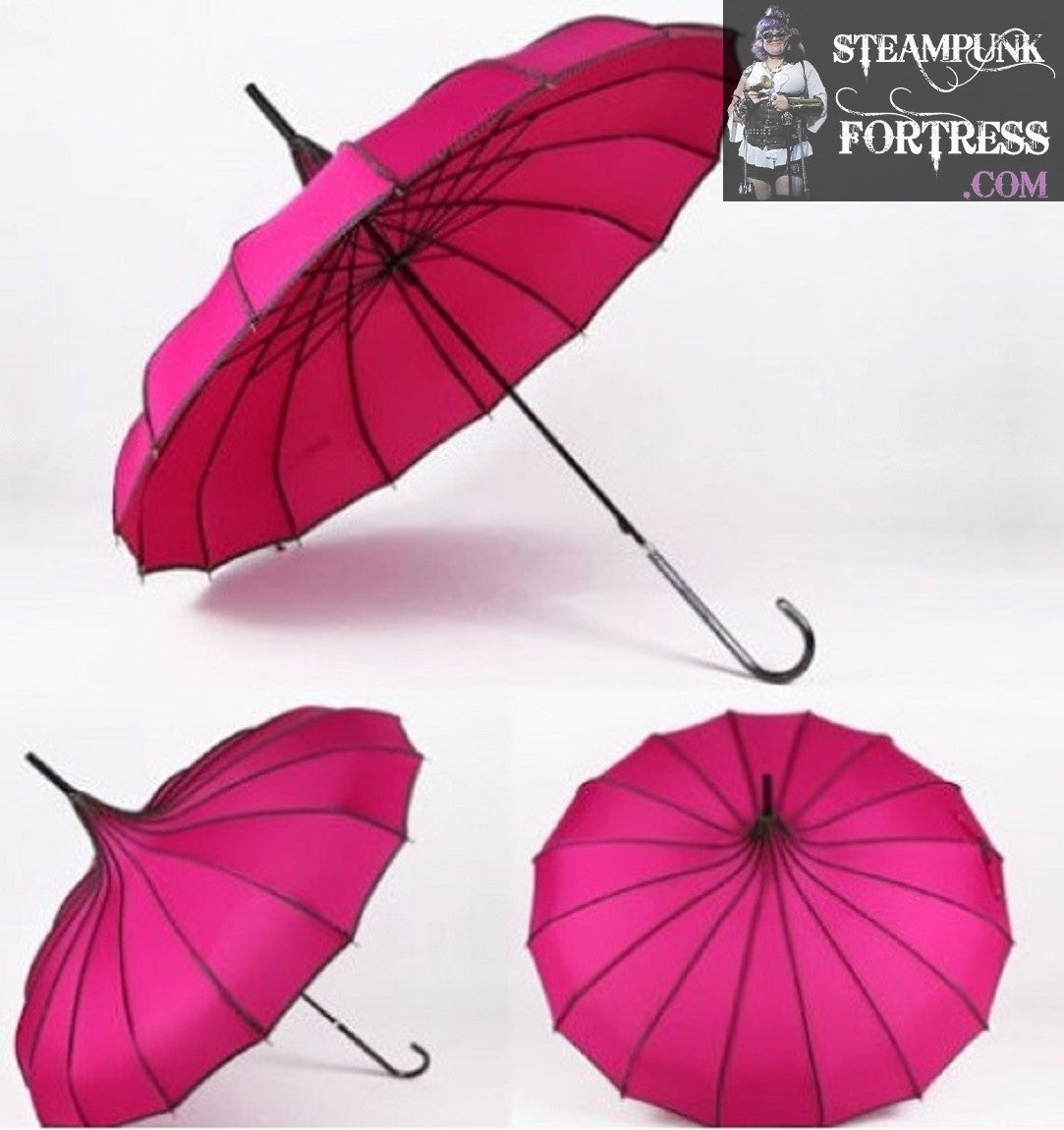 HOT PINK FUSCHIA BASE CREAM POLKA DOTS ON RIBS STEAMPUNK UMBRELLA PARASOL PAGODA VICTORIAN EDWARDIAN GOTHIC WEDDING COSPLAY COSTUME- MASS PRODUCED