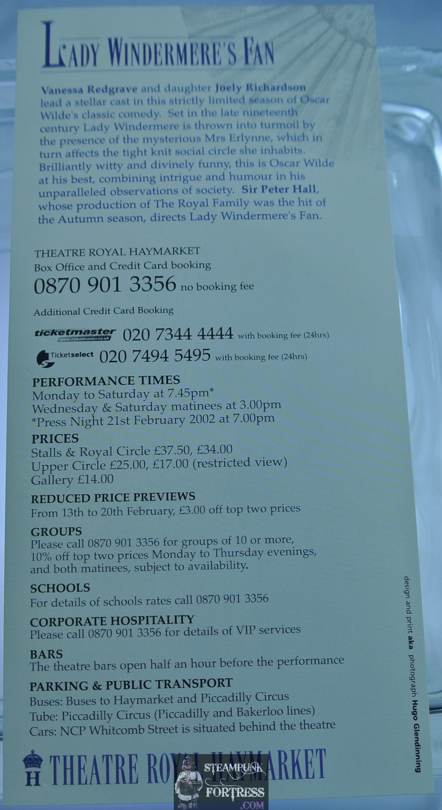 OSCAR WILDE LADY WINDERMERE'S FAN THEATRE PLAYBILL BILL FLYER VANESSA REDGRAVE JOELY RICHARDSON ROYAL HAYMARKET