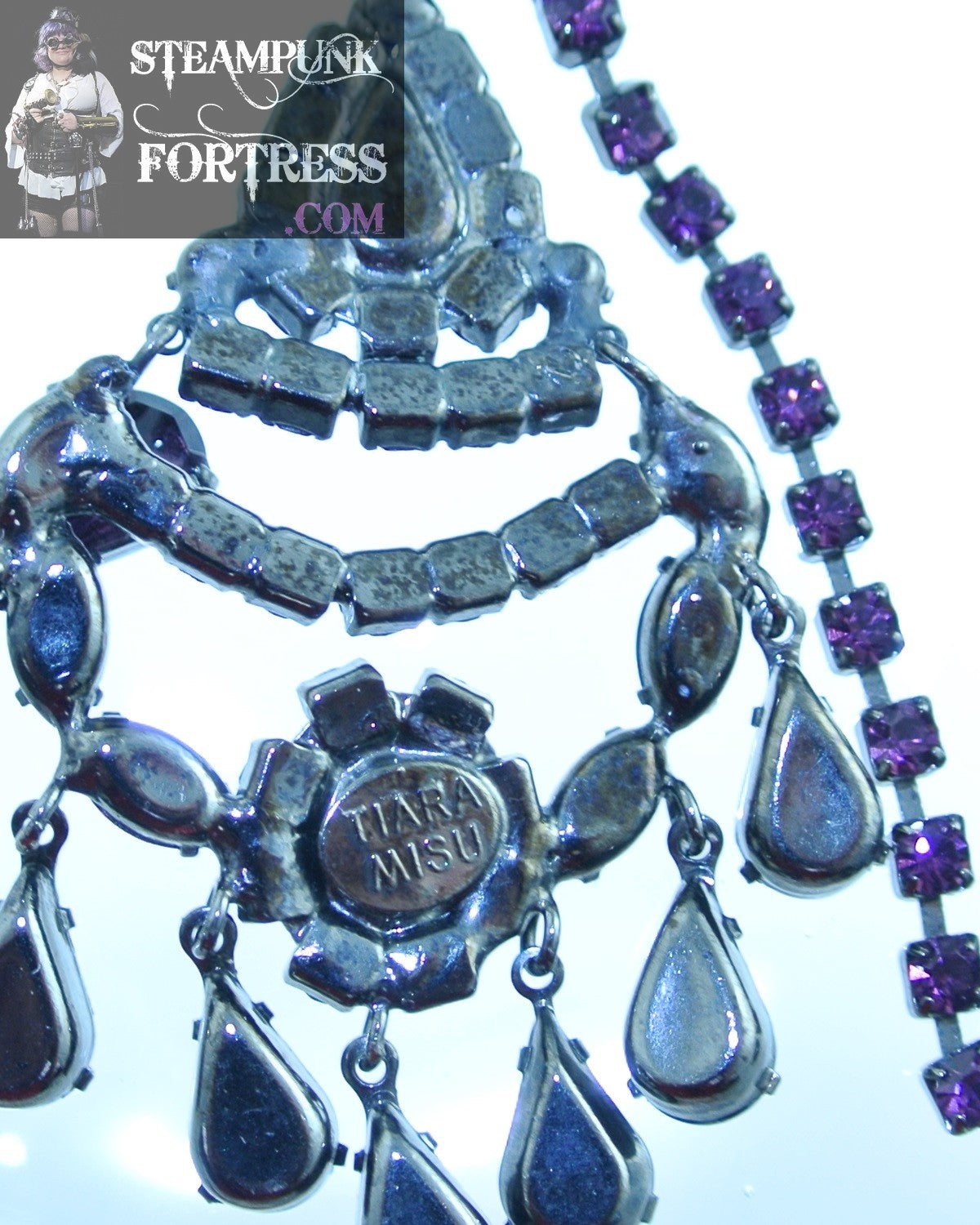 GORGEOUS TIARAMISU BLACK BASE PURPLE BLUE SWAROVSKI CRYSTALS SIGNED NECKLACE