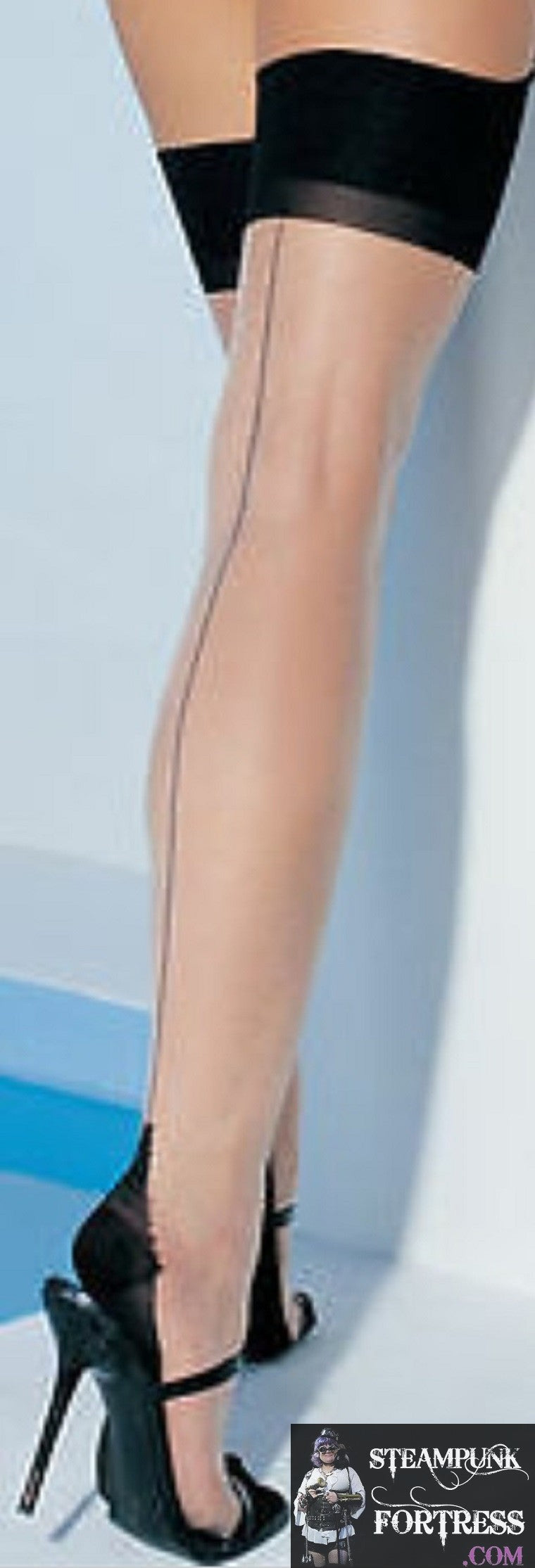 BLACK NUDE CUBAN HEEL HEELED SEAMED SEAMS SHEER NEW OVER THE KNEE THIGH HIGHS HIS TIGHTS NYLONS HOSIERY STOCKINGS ONE SIZE FITS MOST - NEW - MASS PRODUCED