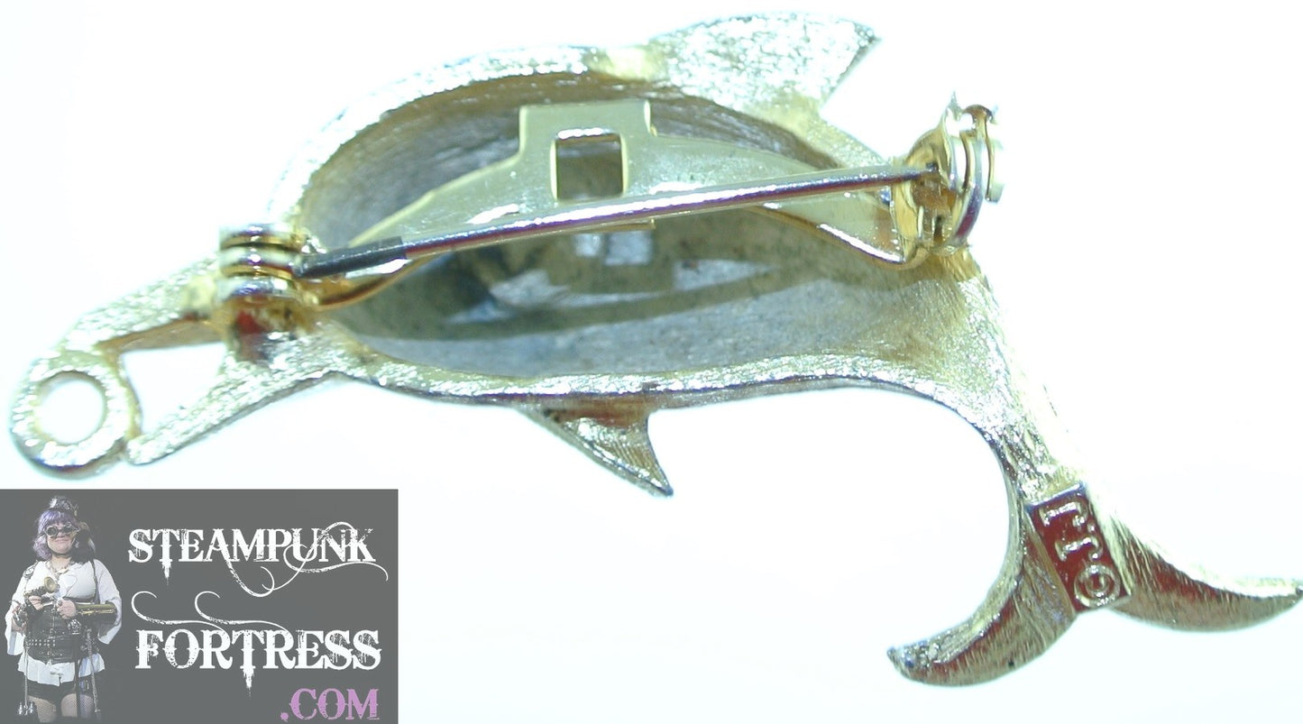 GOLD TONE DOLPHIN RED RHINESTONE EYES SIGNED JJ PIN BROOCH - MASS PRODUCED