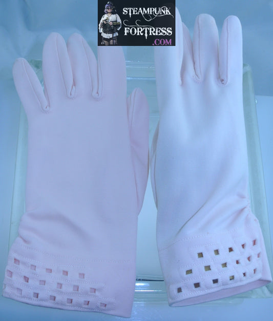 VINTAGE LIGHT PINK WRIST LENGTH FOWNES NYLON SIZE 7.5 SQUARE CUTOUTS AT WRIST GLOVES- MASS PRODUCED