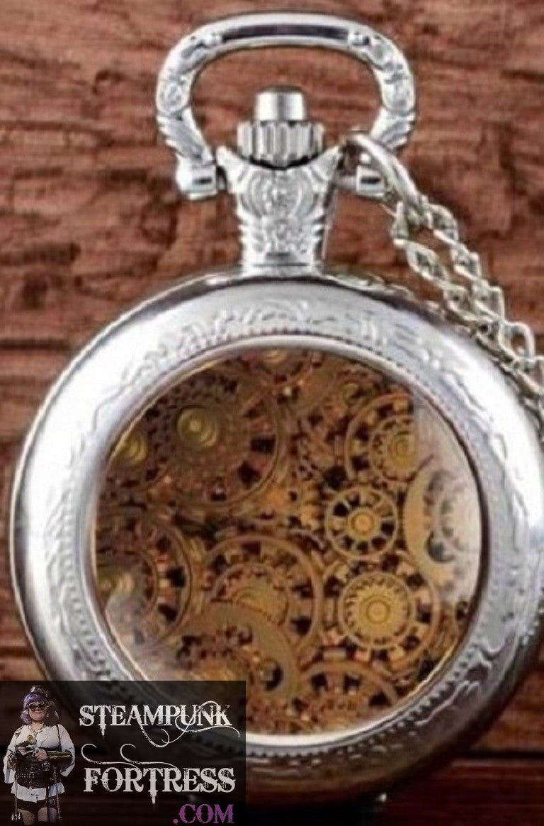 SILVER BEIGE TAN GEARS SMALL WORKING POCKETWATCH POCKET WATCH WITH CHAIN AND CLASP - MASS PRODUCED