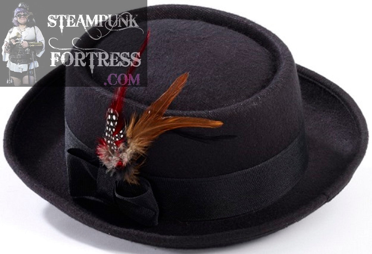 BLACK PORK PIE HAT RED GOLD GUINEA FEATHERS COPPER TV SHOW HAT STEAMPUNK HAT STEAMPUNK FORTRESS- MASS PRODUCED