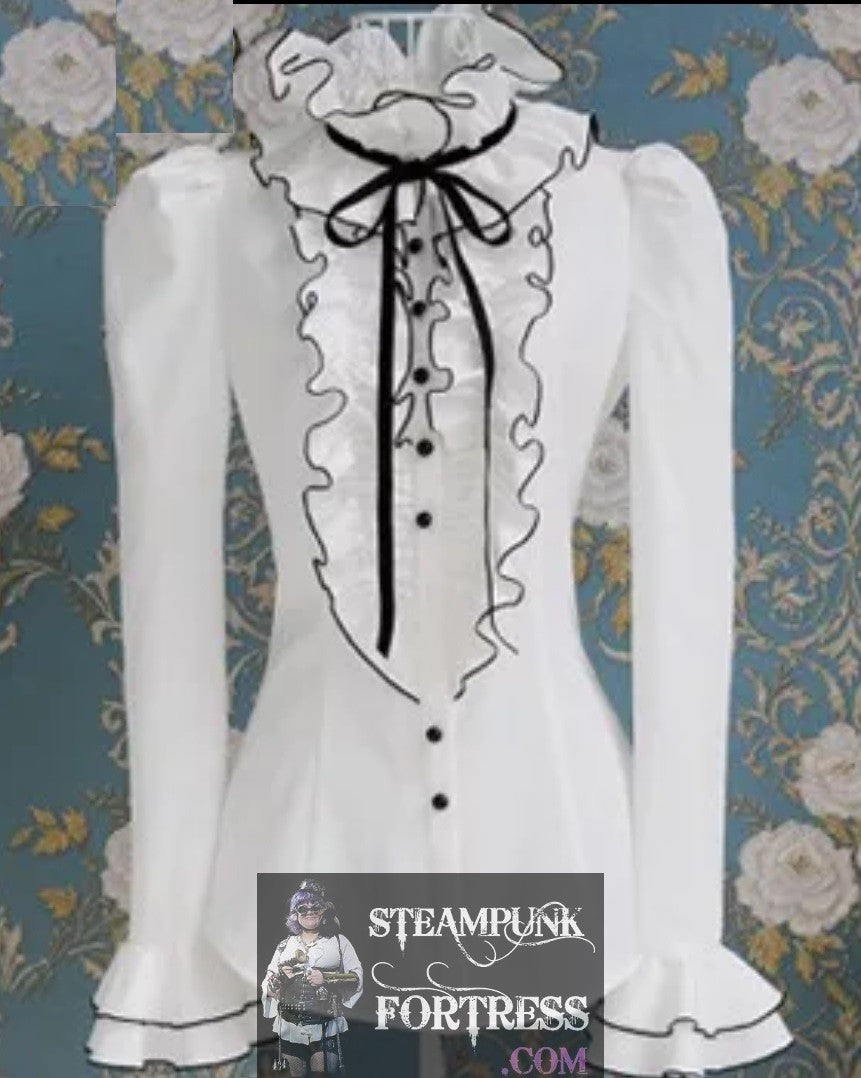GORGEOUS WHITE SHIRT TOP BLOUSE LONG SLEEVE BUTTON DOWN BLACK TRIM RUFFLES TIE NECK VICTORIAN EDWARDIAN STEAMPUNK LARGE XL EXTRA LARGE- MASS PRODUCED