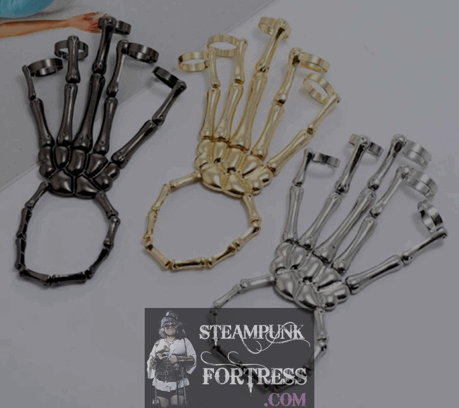 SILVER STRETCH SKELETON BONES HANDS METAL BRACELET RINGS ADJUSTABLE STEAMPUNK COSPLAY COSTUME- MASS PRODUCED DUPLICATE