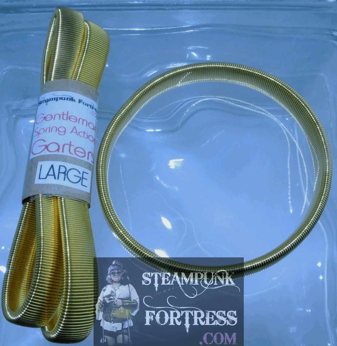 SLEEVE ARM GARTER GENTLEMEN'S SPRING ACTION GOLD STRETCH LARGE BRACELET SET OF 2 STARR WILDE STEAMPUNK FORTRESS DUPLICATE