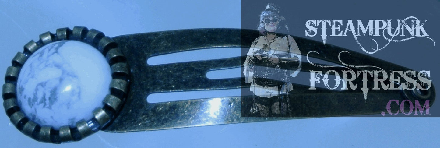 BARRETTE BRASS HOWLITE WHITE GEMSTONE FOLDED EDGE HAIR CLIP STARR WILDE STEAMPUNK FORTRESS