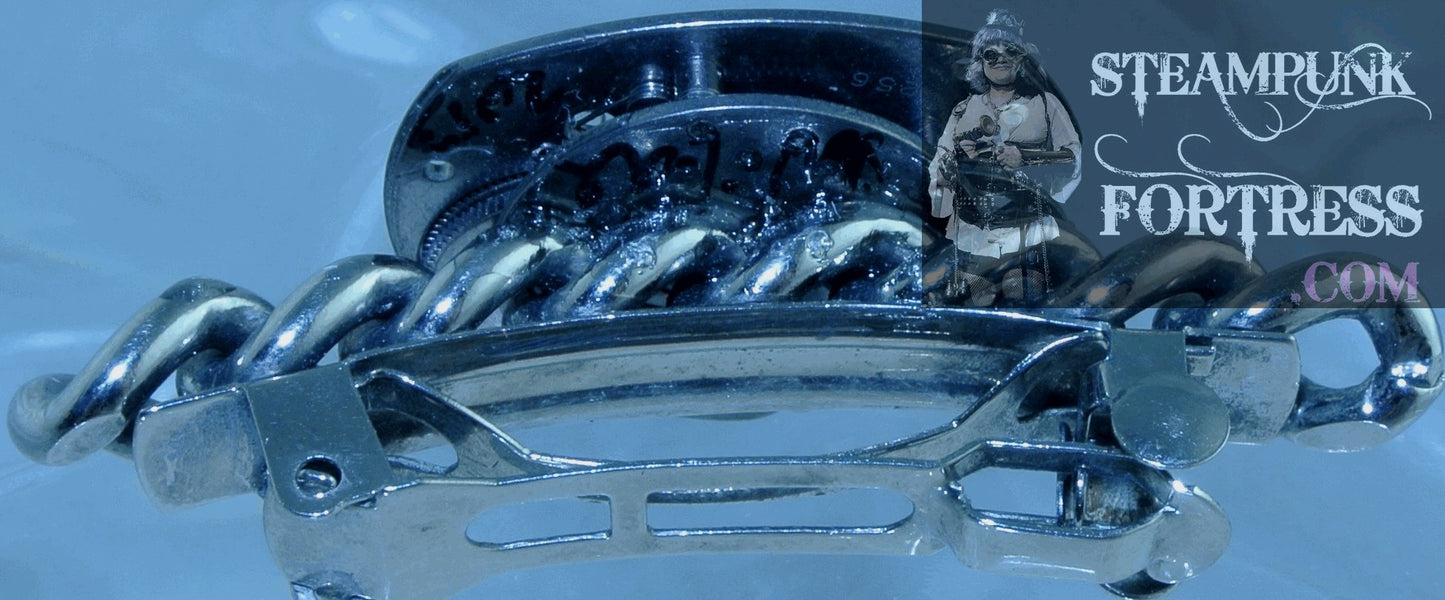 BARRETTE SILVER MOVEMENT COMPLETE AUTHENTIC GENUINE WATCH CLOCK CHAIN RECTANGLE HAIR CLIP STARR WILDE STEAMPUNK FORTRESS