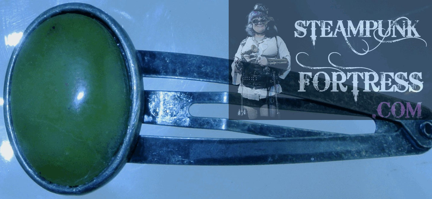 BARRETTE SILVER PREHNITE GEMSTONE STONE OVAL HAIR CLIP STARR WILDE STEAMPUNK FORTRESS