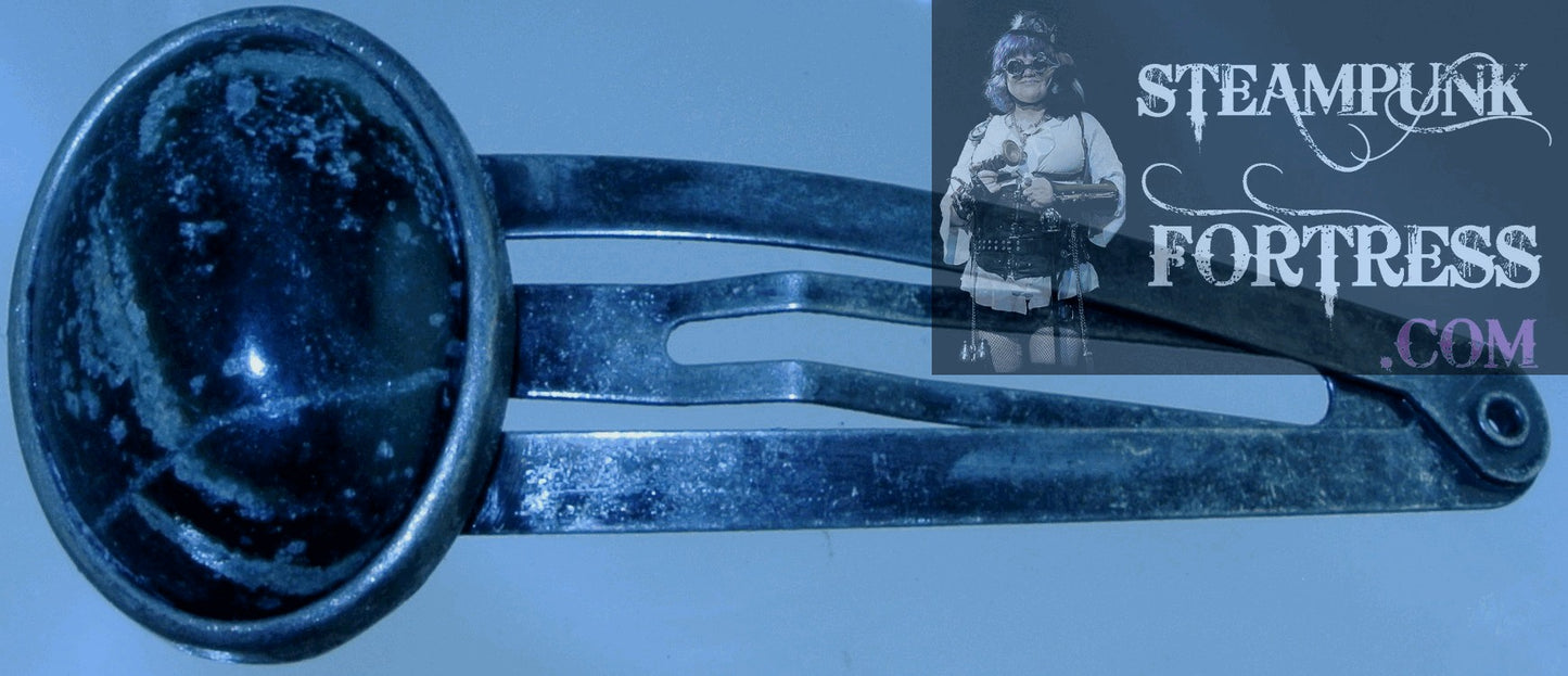 BARRETTE SILVER SERPENTINE GEMSTONE STONE OVAL HAIR CLIP STARR WILDE STEAMPUNK FORTRESS