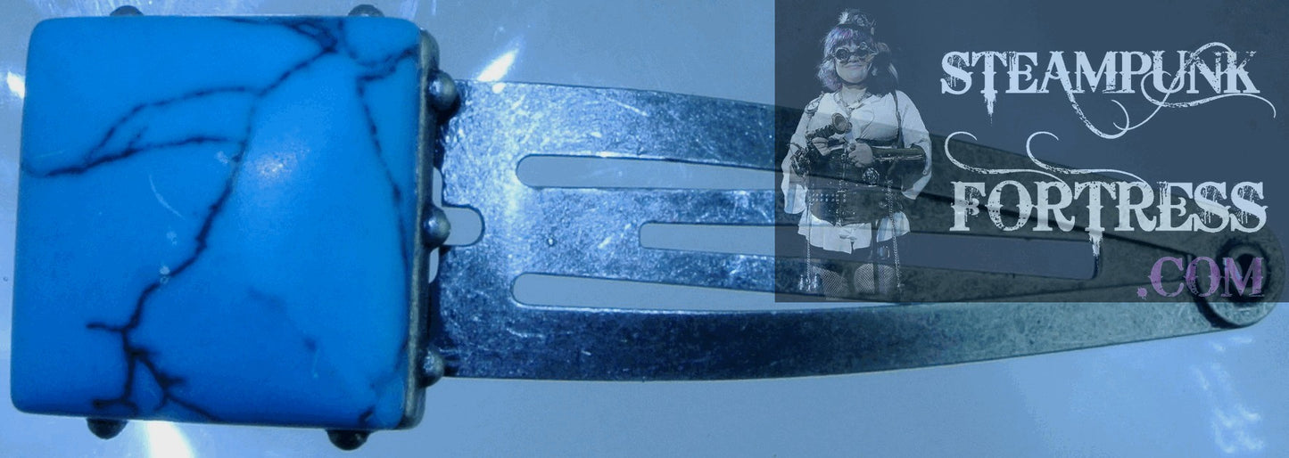 BARRETTE SILVER TURQUOISE GEMSTONE 5 LINE STONE SQUARE HAIR CLIP STARR WILDE STEAMPUNK FORTRESS