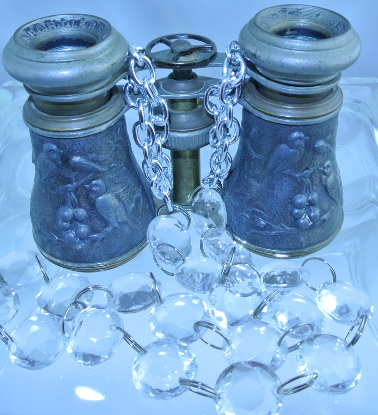 VINTAGE SILVER PEWTER GUNMETAL SPORTIERE BIRDS BERRIES COPPER WATCH CLOCK GEAR CLEAR CRYSTAL STRAP BINOCULARS OPERA GLASSES STARR WILDE STEAMPUNK FORTRESS